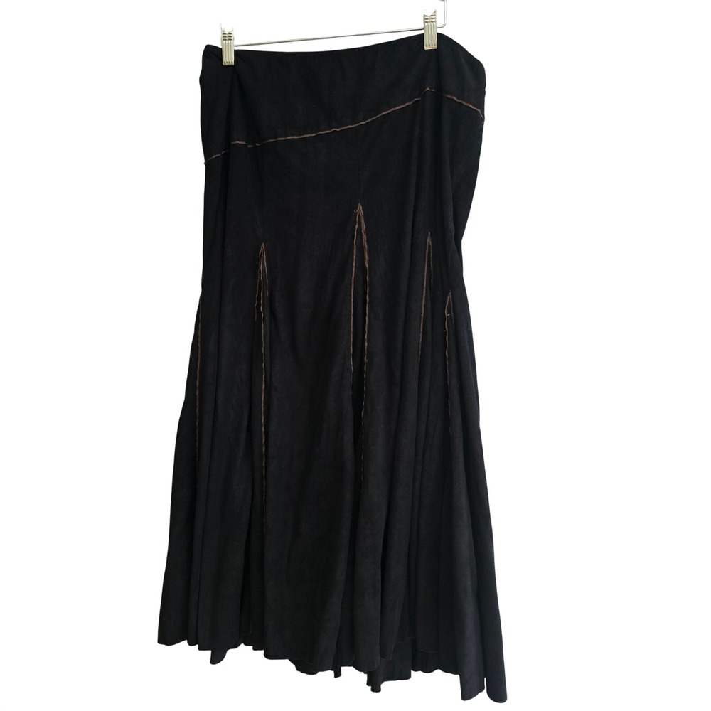 Vtg Tribal Petites Black Faux Suede Paneled Midi Skirt Brown Contrast Stitch 10P